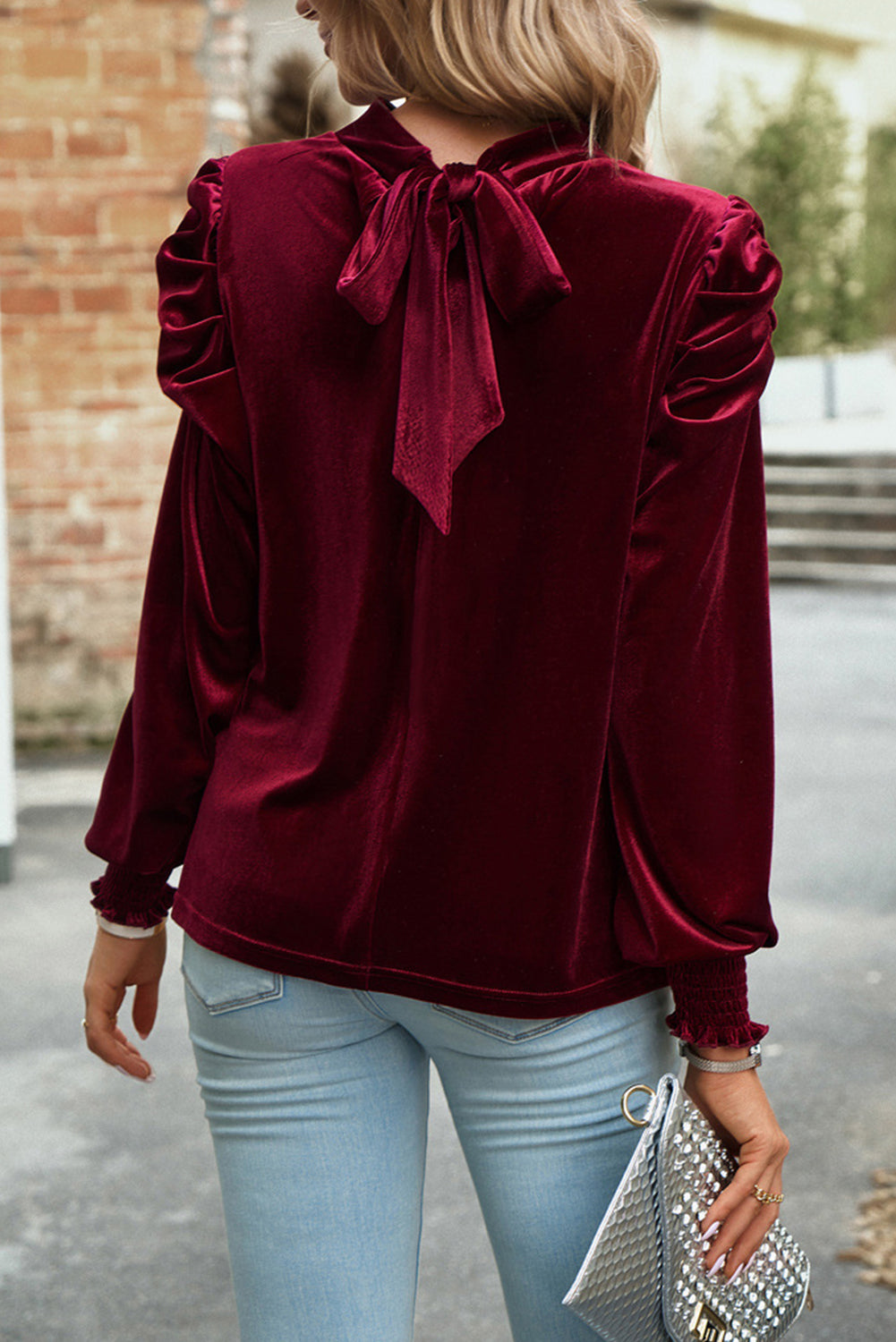 Blackish Green Mock Neck Puff Sleeve Velvet Blouse