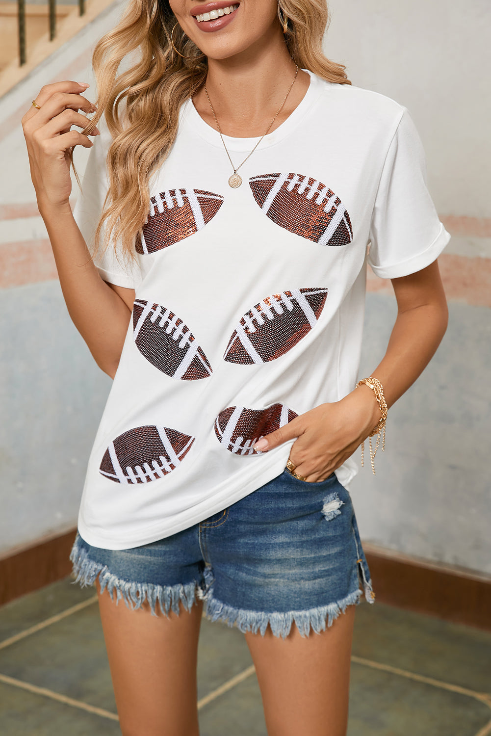 White Sequined Rugby / Football Graphic T Shirt