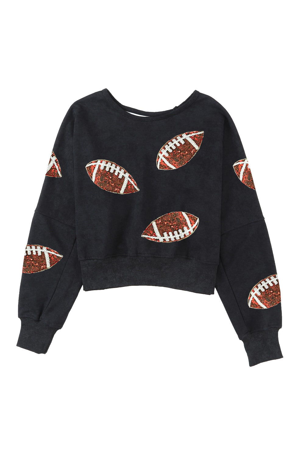 Black Sequined Football Graphic Open Back Cropped Sweatshirt