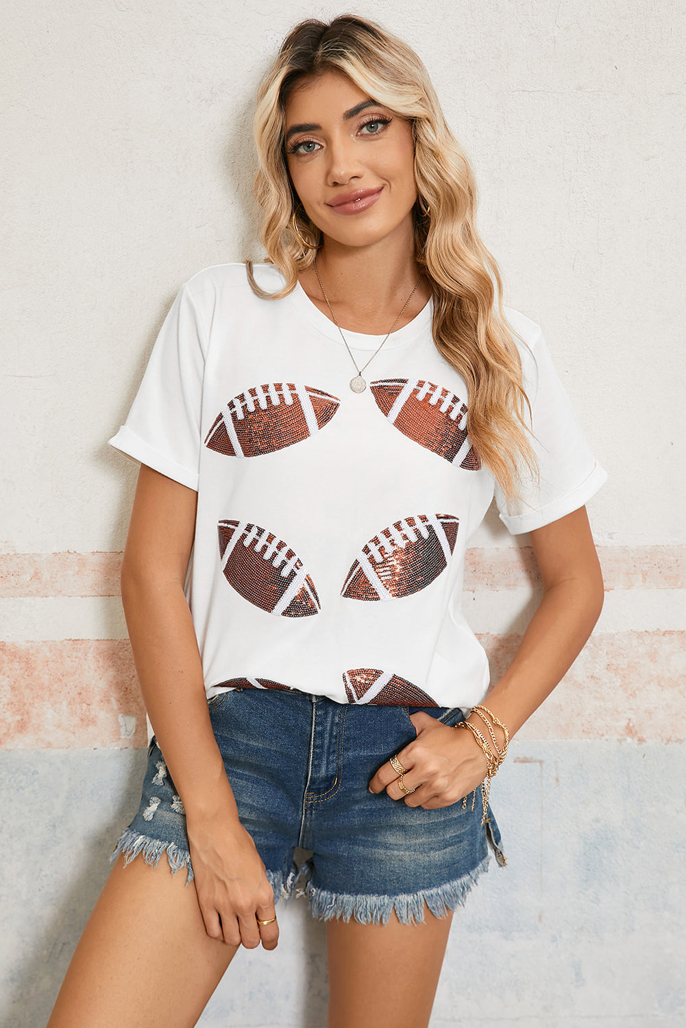 White Sequined Rugby / Football Graphic T Shirt