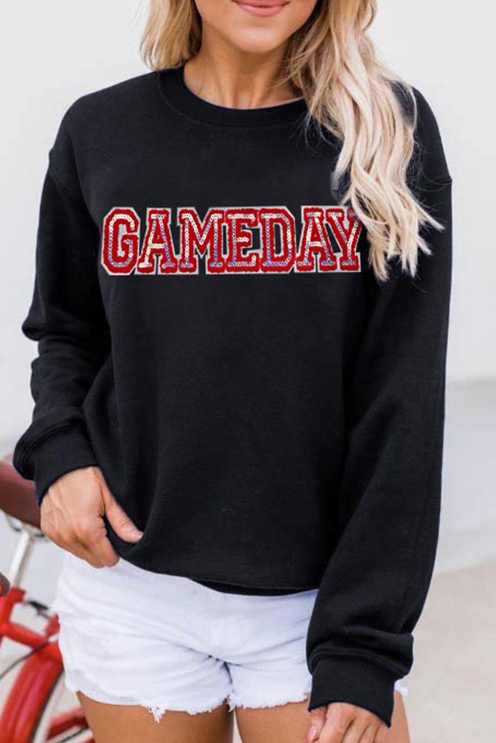 Black GAME DAY Sequined Patched Crew Neck Pullover Sweatshirt