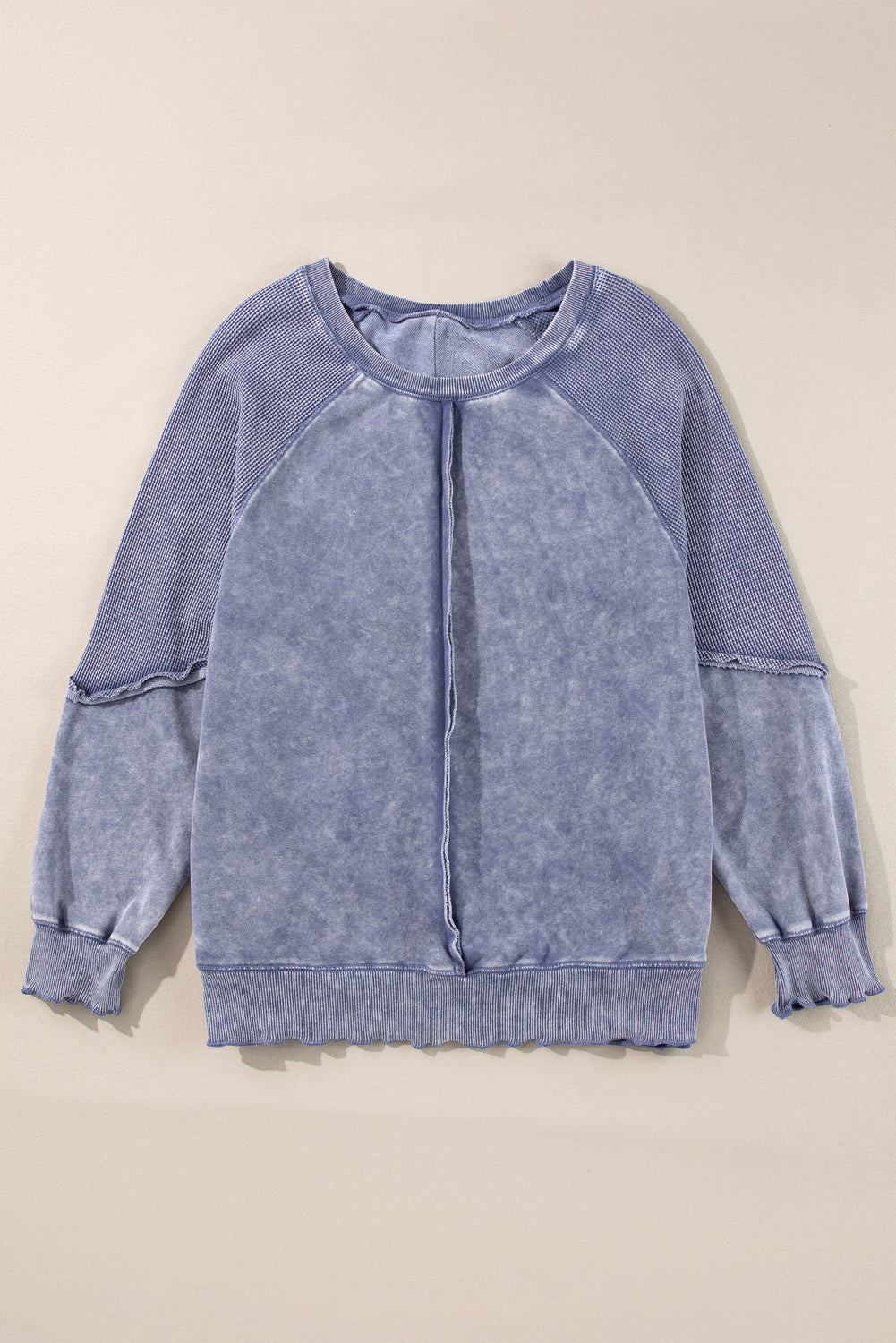 Mineral Blue Solid Waffle Knit Patchwork Raglan Sleeve Sweatshirt