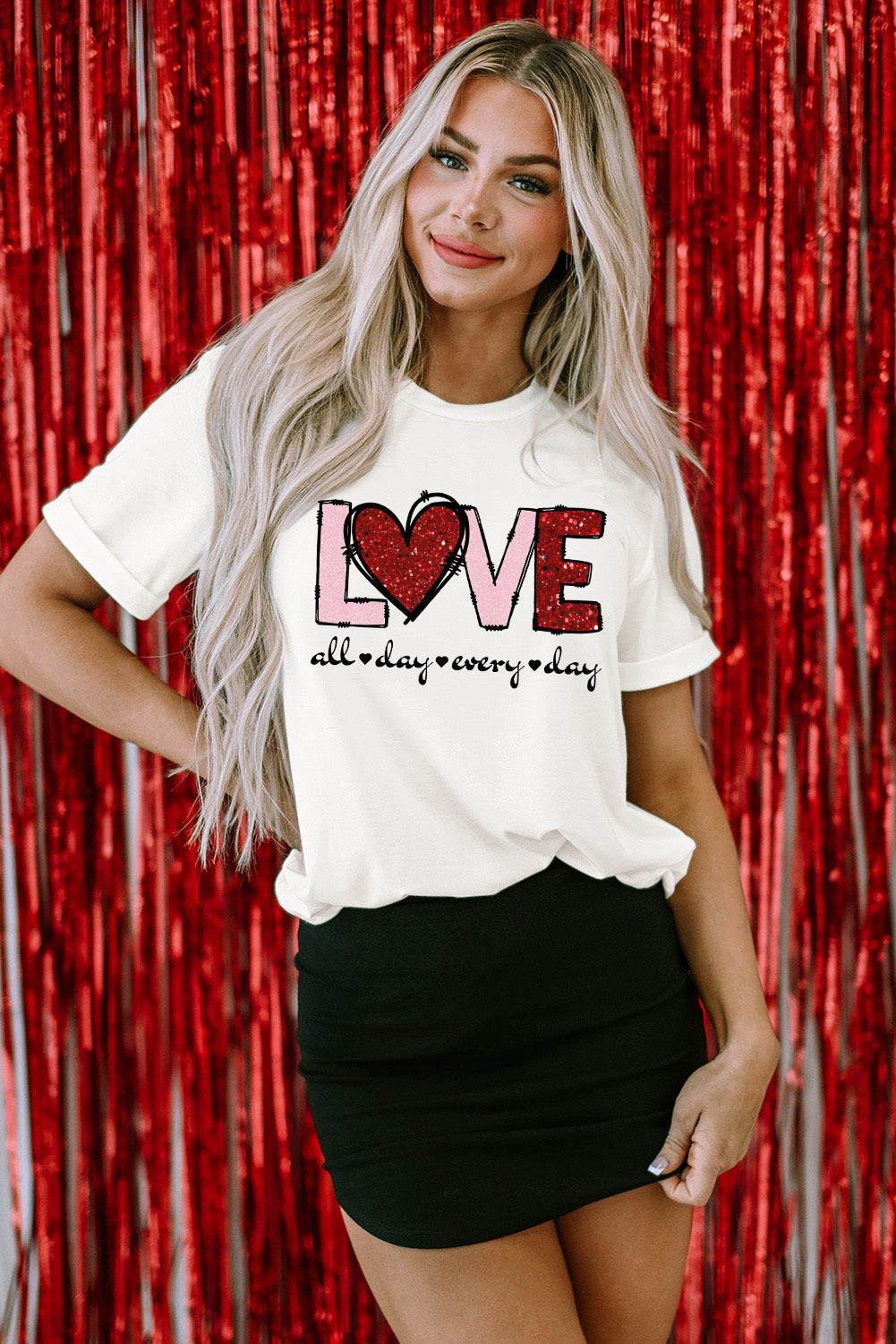 White Valentine LOVE Heart Shape Crew Neck Graphic Tee