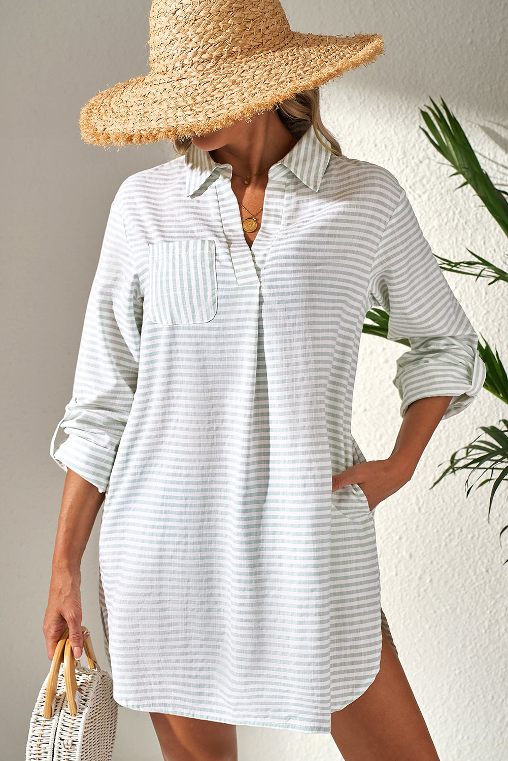 White Stripe Collared V Neck Chest Pocket Long Sleeve Beach Cover up