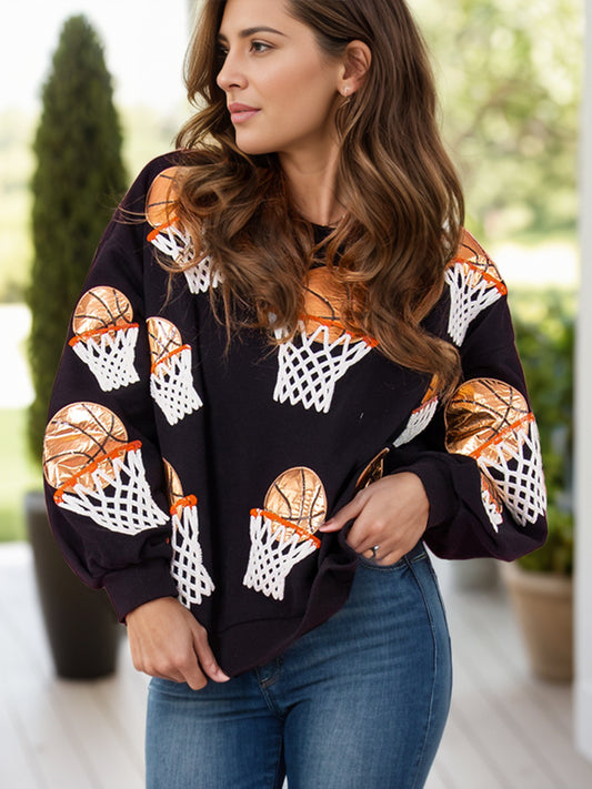 Basketball Patch Game Day Round Neck Long Sleeve Sweatshirt