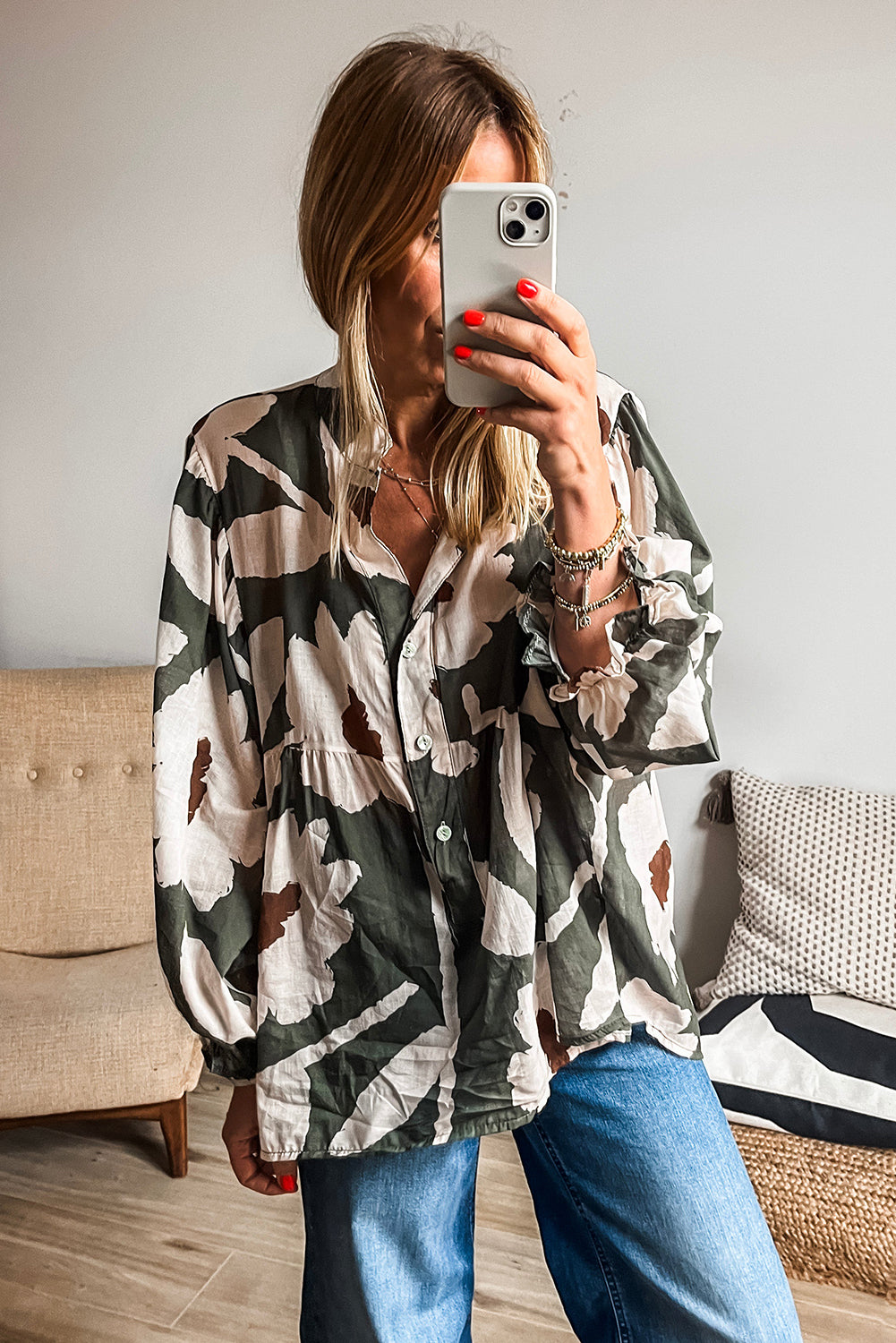 Sail Blue Abstract Floral Print Puff Sleeve Half Button Blouse
