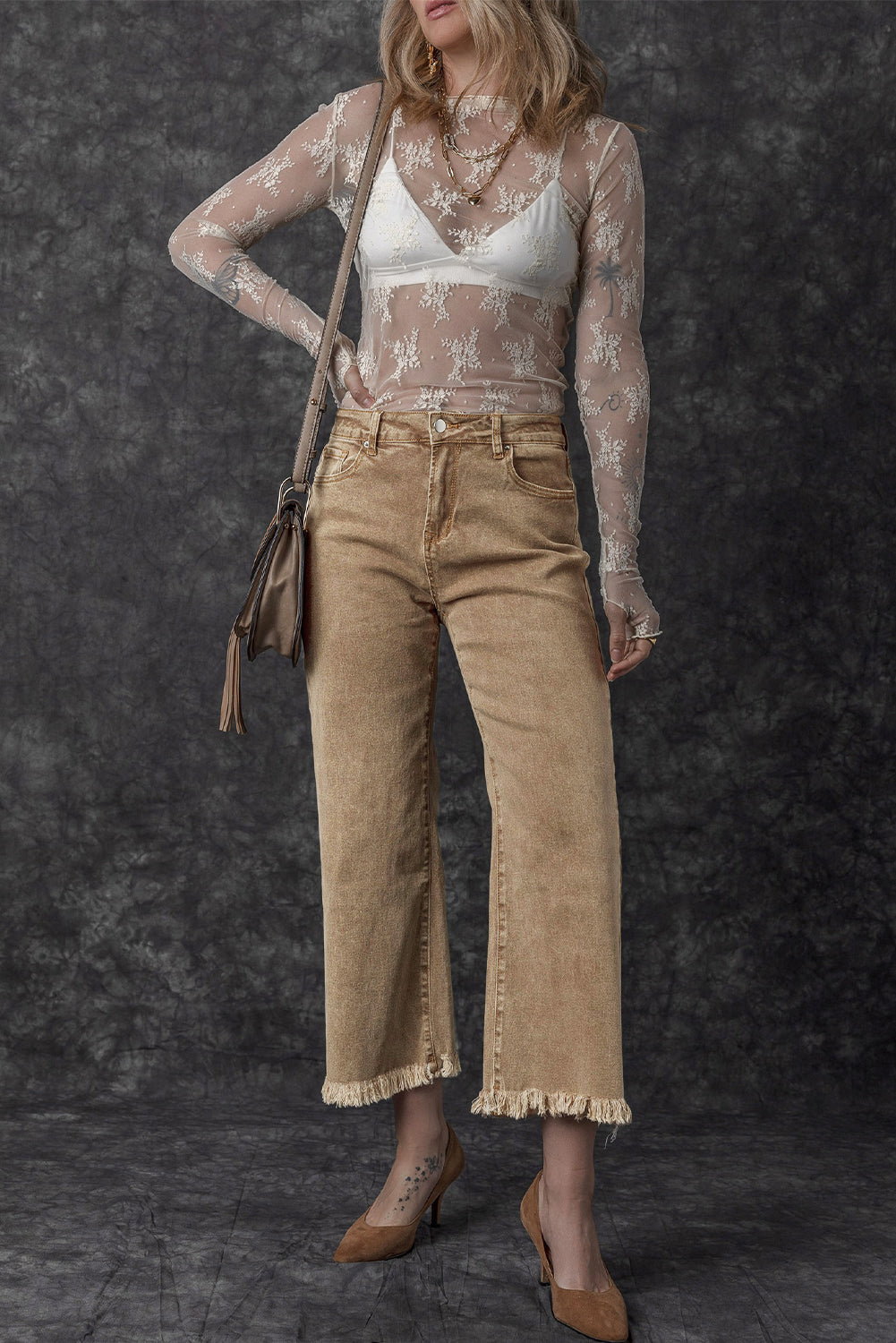 Light French Beige Acid Washed High Rise Cropped Wide Leg Jeans