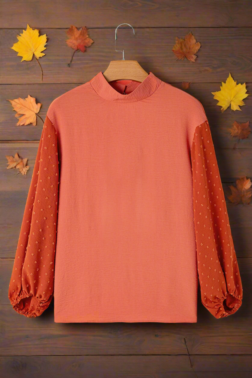 Russet Orange Swiss Dot Balloon Sleeve Loose Blouse