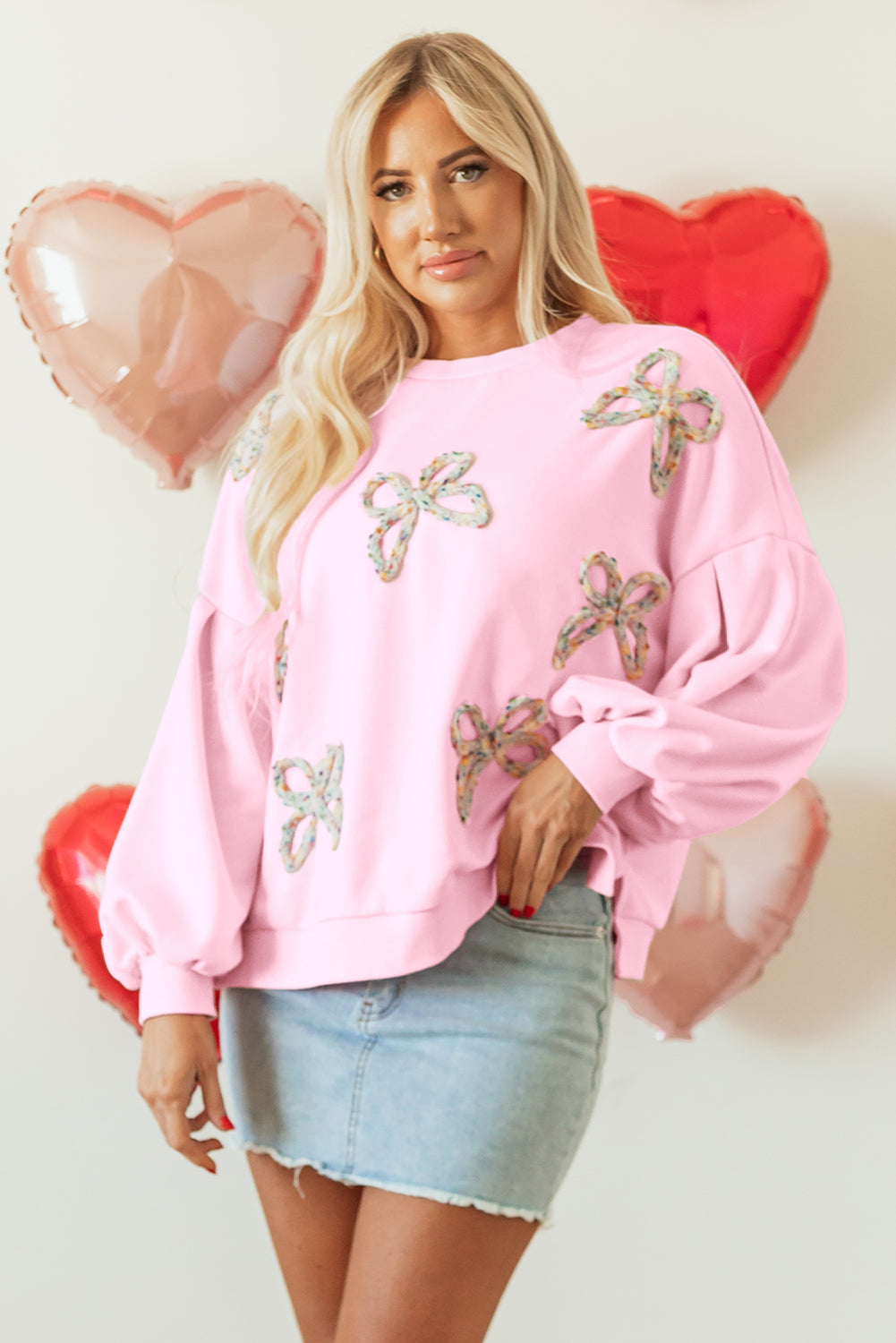 Parchment Embroidered Bow Lantern Sleeve Oversized Pullover Sweatshirt