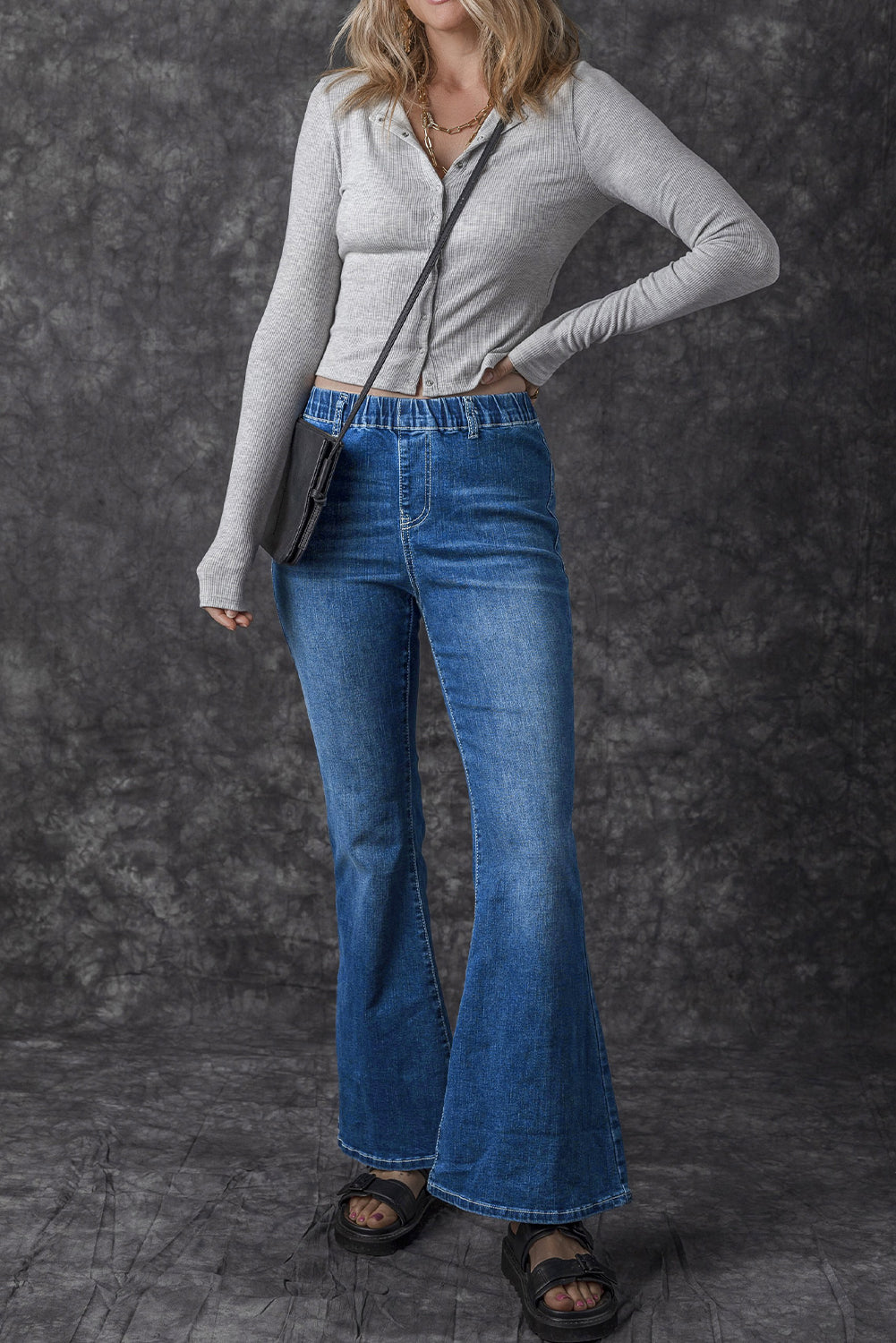 Blue Elastic High Waist Flare Jeans