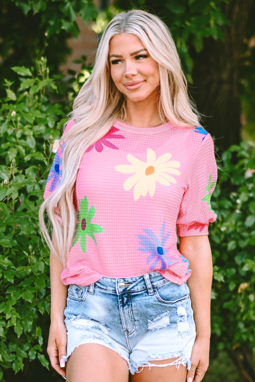 Pink Textured Colorful Floral Print Puff Sleeve T Shirt