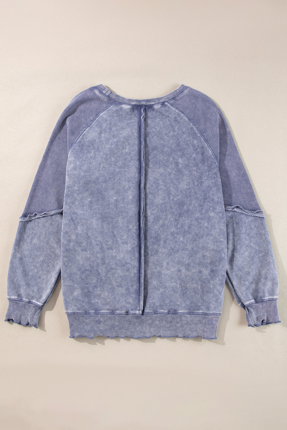 Mineral Blue Solid Waffle Knit Patchwork Raglan Sleeve Sweatshirt