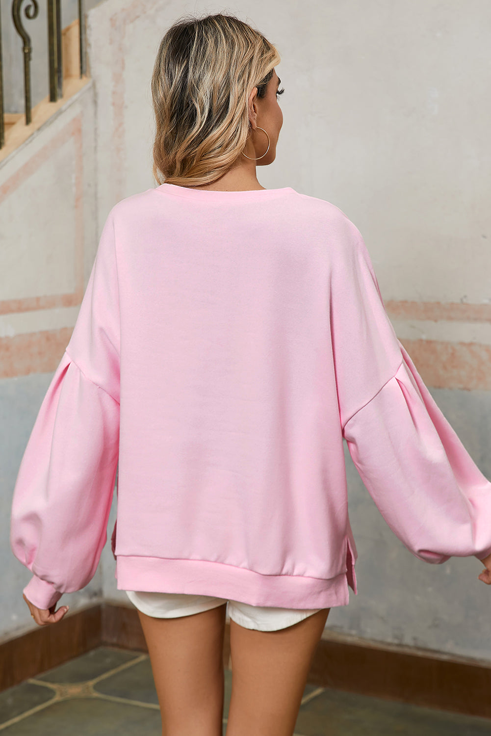 Sweet Bow Lantern Sleeve Oversized Pullover Sweatshirt