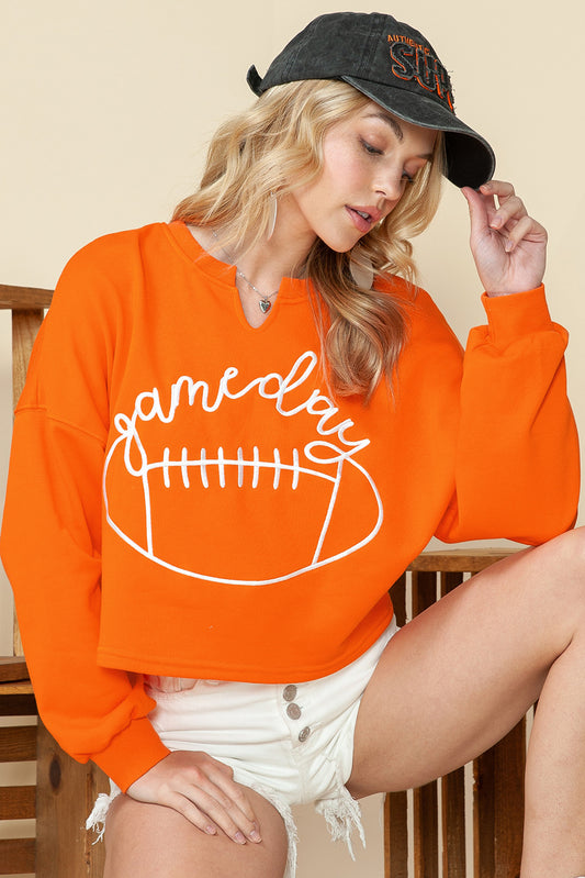 Orange Game Day Lettering Football Notched Neck Cropped Sweatshirt