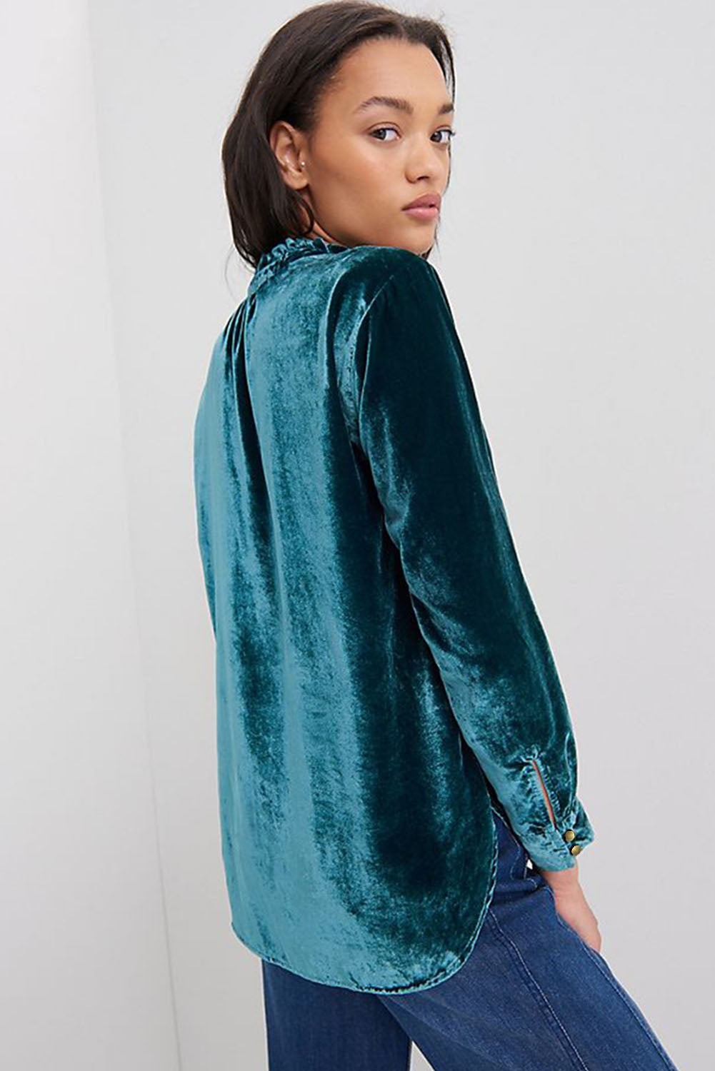 Blackish Green Frilled Neck Buttoned Front Velvet Top