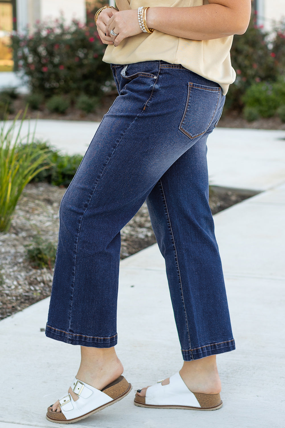 Navy Blue Plus Size Seamed Wide Leg High Waist Jeans