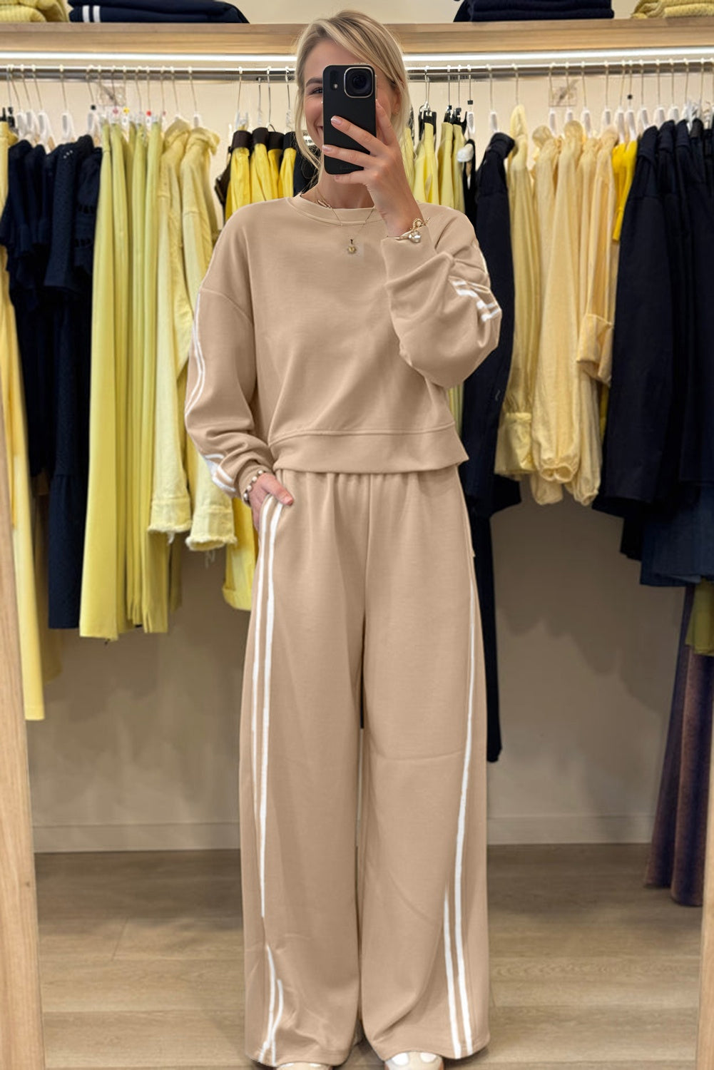 Fiery Red Varsity Striped Detail Crewneck Pullover Elastic Sweatpants 2pcs Outfit