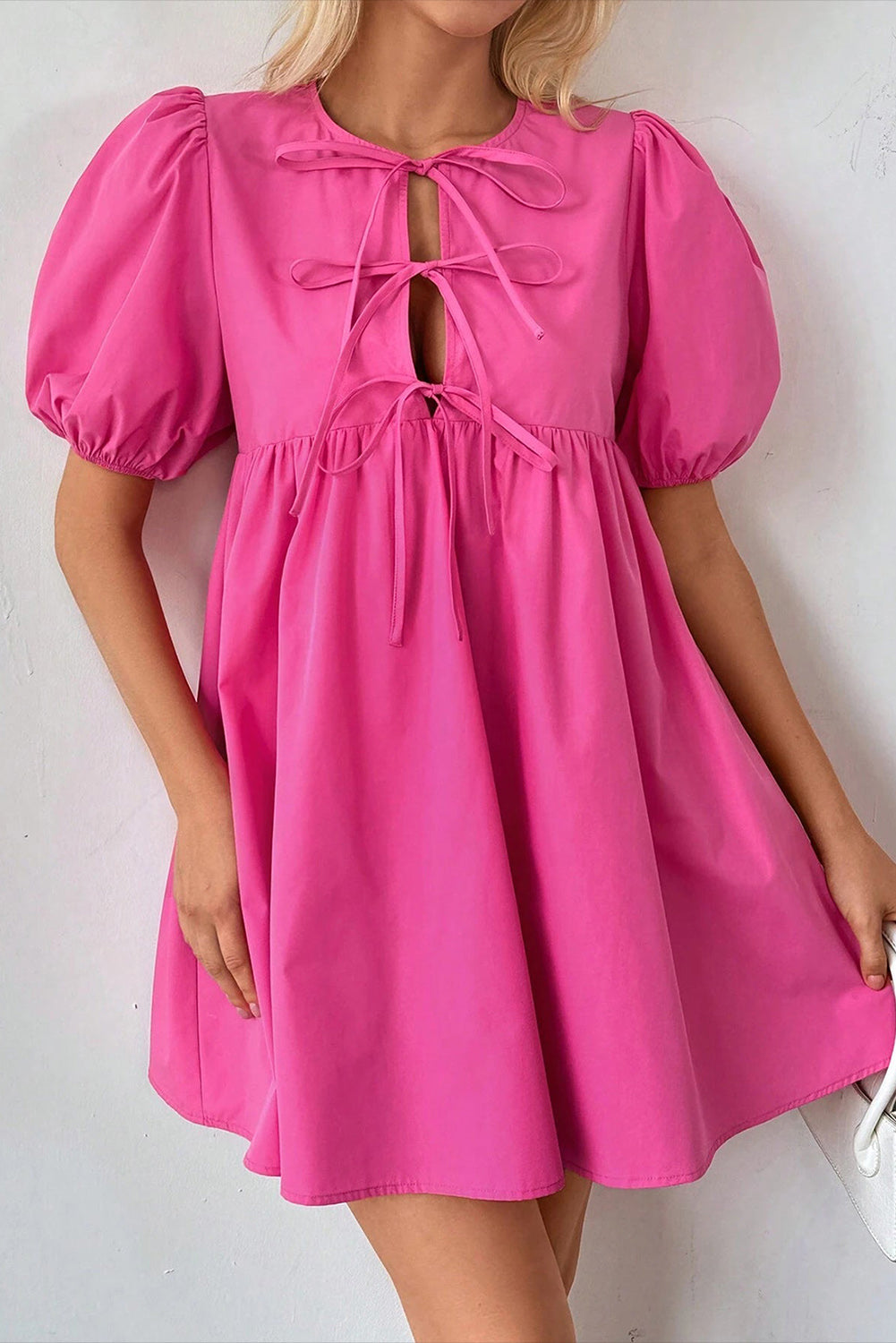 Bright Pink Solid Color Puff Sleeve Tie Front High Waist Mini Dress