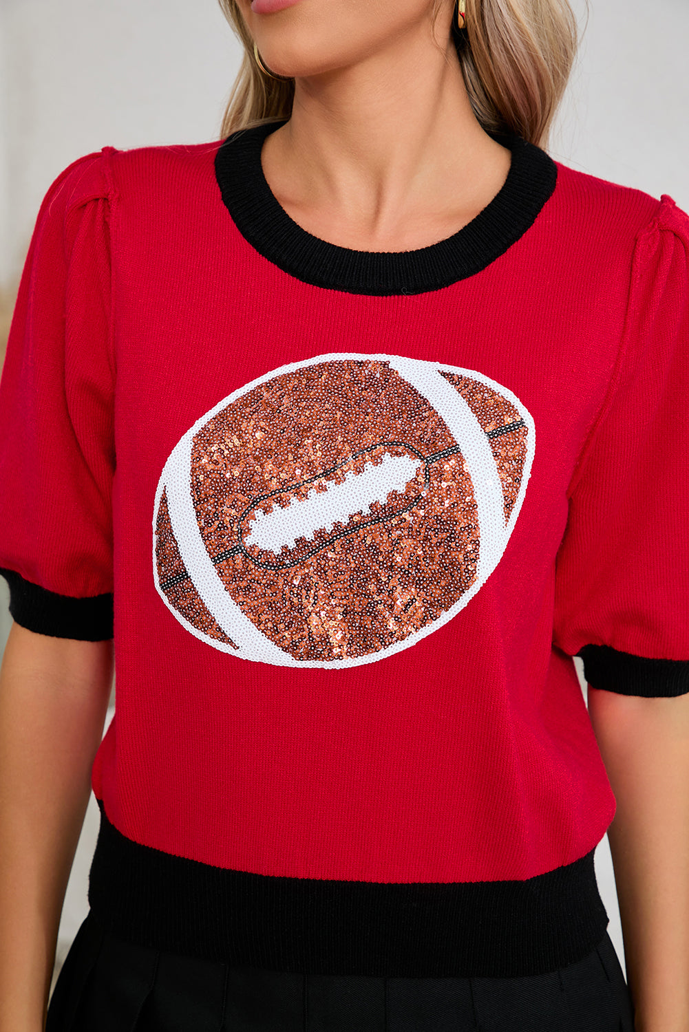 Red / Black, Purple / Gold or Pink / White Sequin Football Color Block Puff Sleeve Knit Top