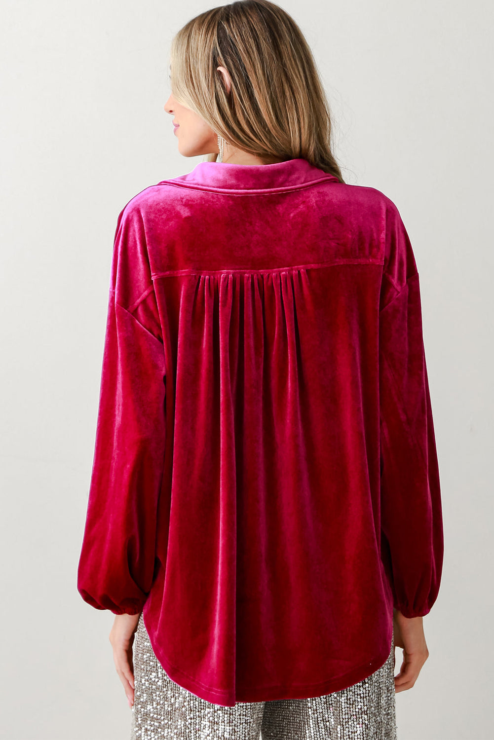 Pitaya Pink Buttoned V Neck Chest Pocket Velvet Shirt