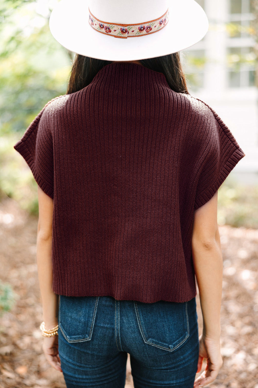 Blackish Green Patch Pocket Ribbed Knit Short Sleeve Sweater