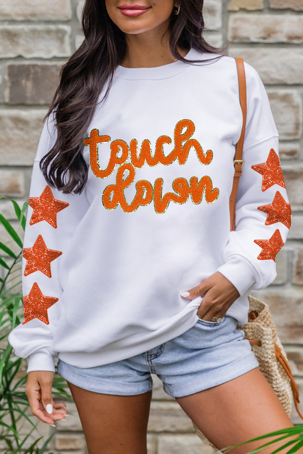 Beige Glittering Touch Down Patched Pattern Star Sleeve Sweatshirt