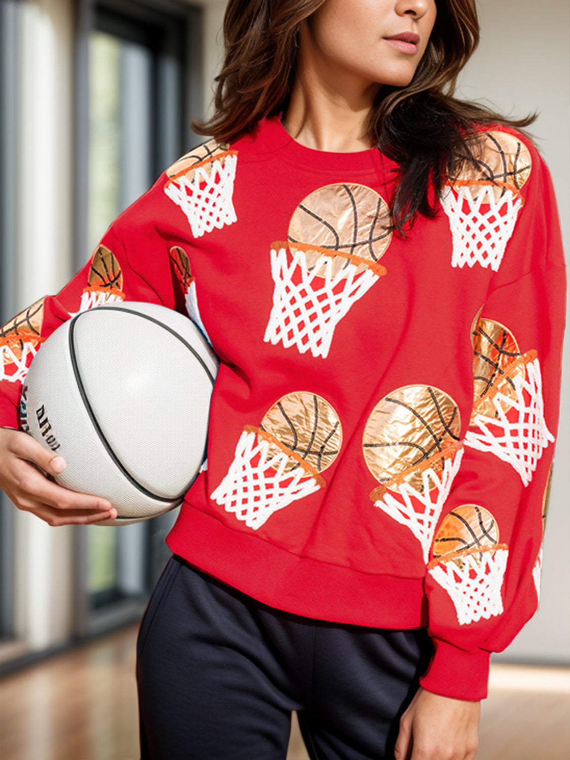 Basketball Patch Game Day Round Neck Long Sleeve Sweatshirt