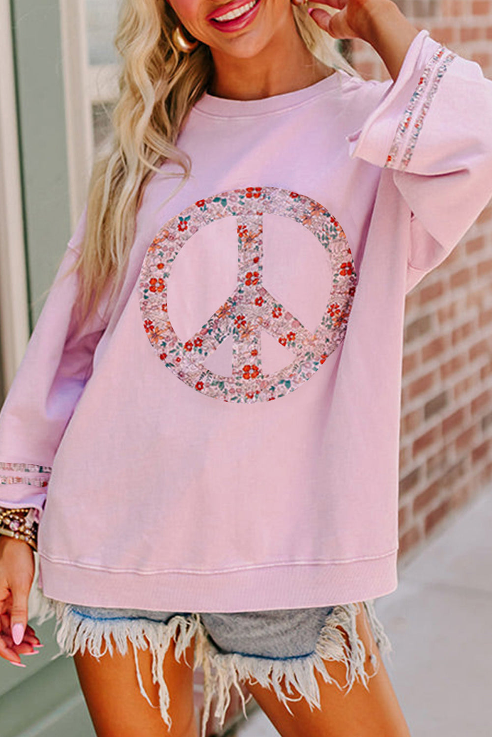 Jet Stream Floral Peace Sign Graphic Drop Shoulder Wide Sleeve Casual Top