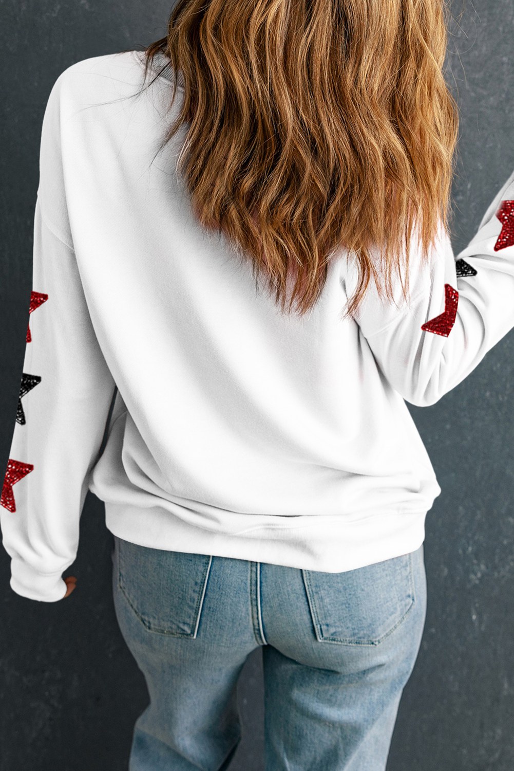 Beige Sequined Touch Down Graphic Star Drop Shoulder Sweatshirt