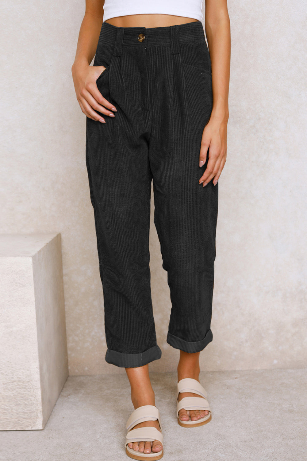 Gray Corduroy High Waist Straight Leg Pants