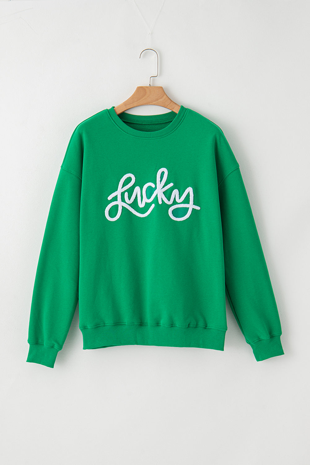 Green LUCKY Aphabet Chenille Embroidered Pullover Sweatshirt