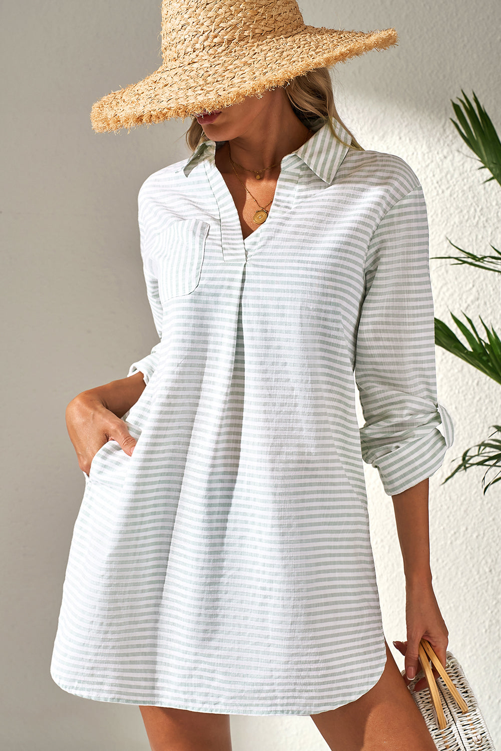 White Stripe Collared V Neck Chest Pocket Long Sleeve Beach Cover up