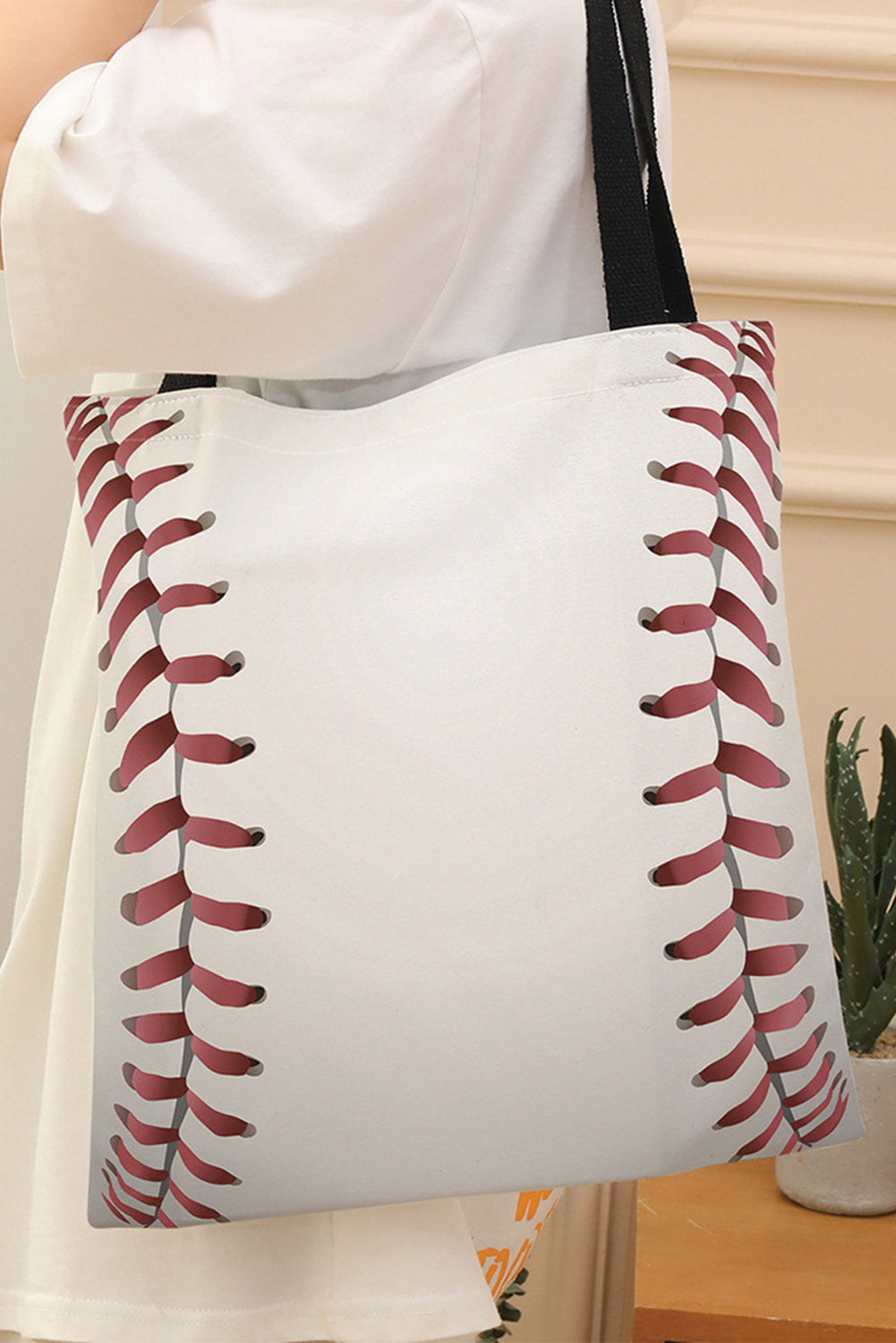 White Baseball Print Canvas Tote Bag 34*2*31cm