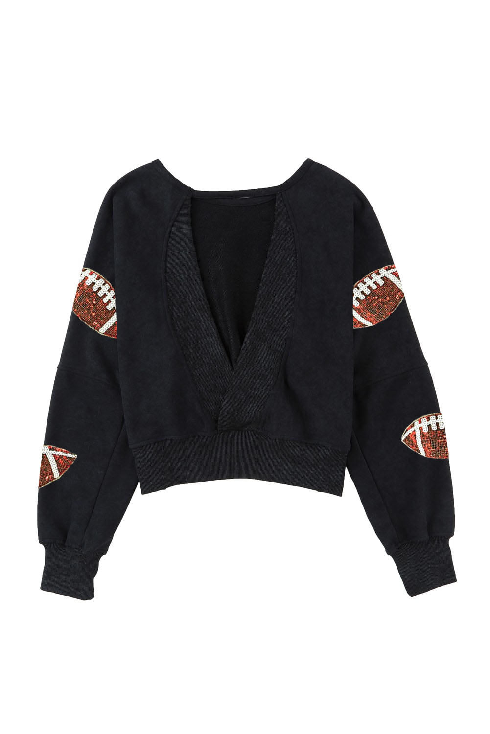 Black Sequined Football Graphic Open Back Cropped Sweatshirt