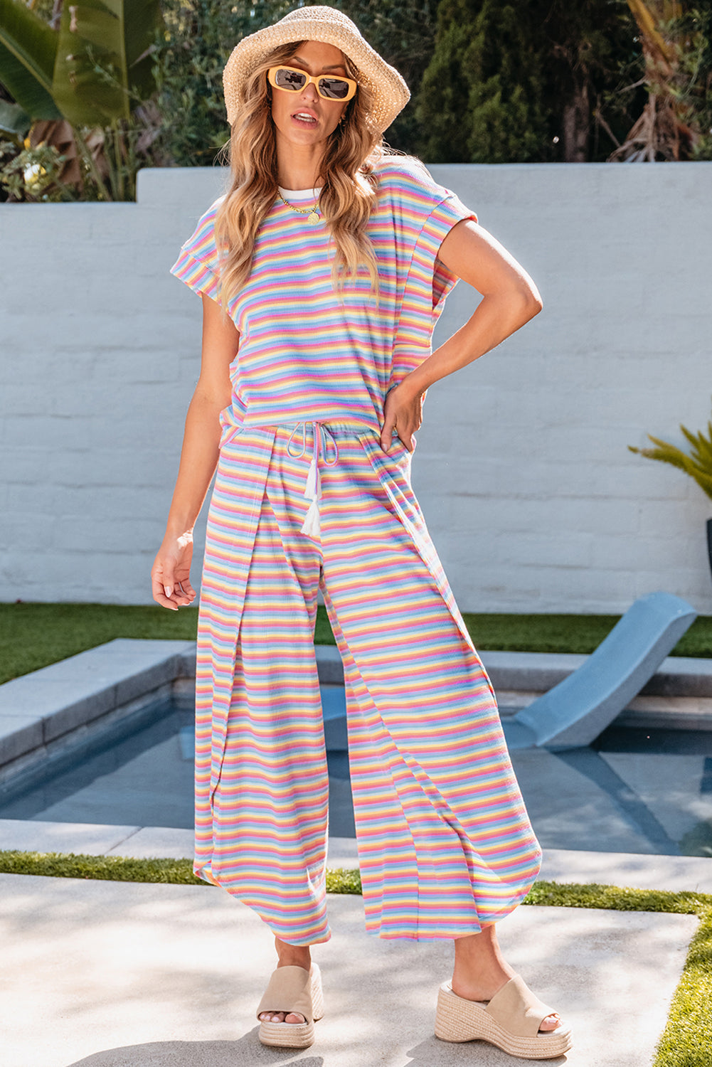 Yellow Stripe Rainbow Tee Tasseled String Wide Leg Pants Set
