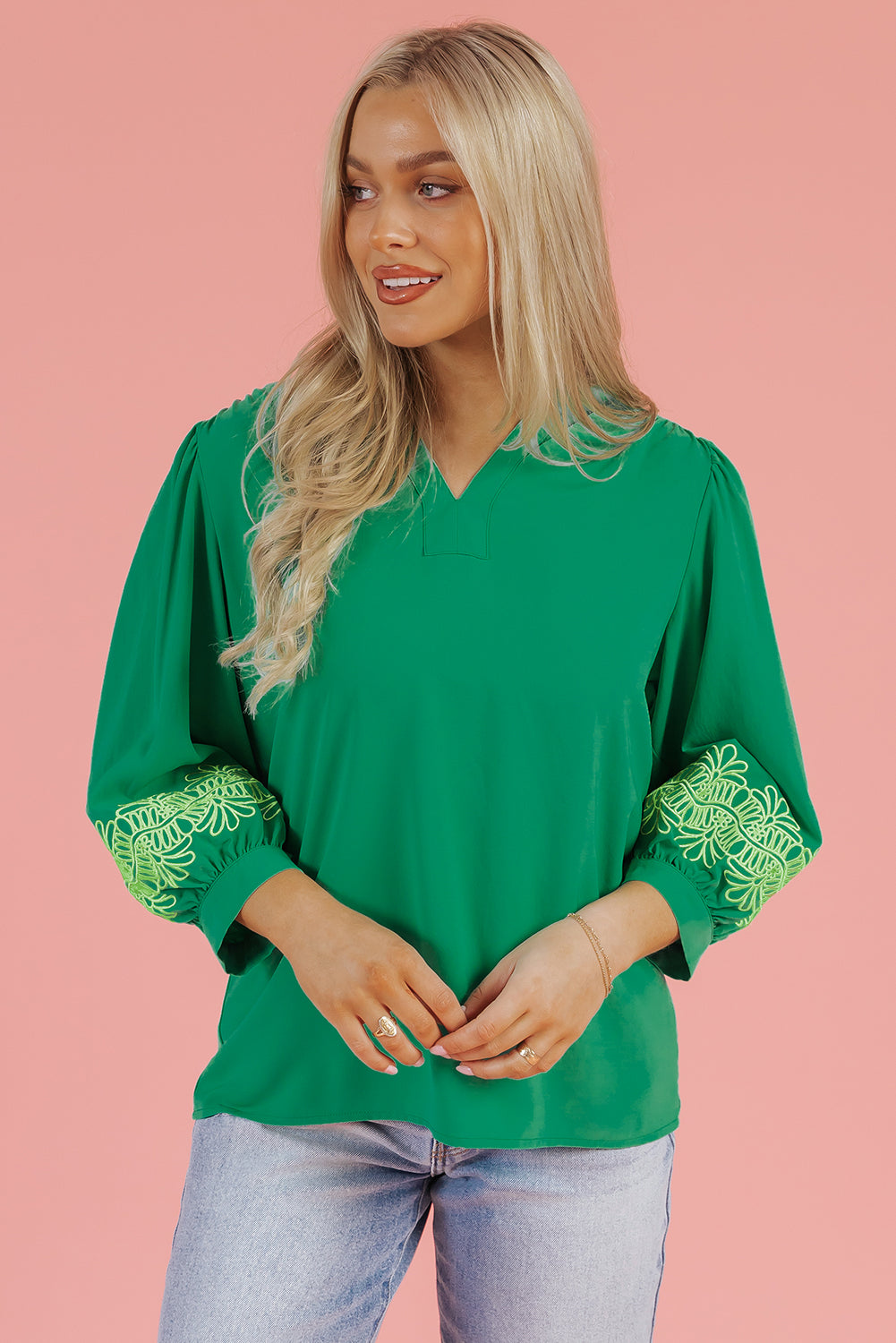 Green Contrast Floral Embroidered 3/4 Sleeve Notched V Neck Elegant Blouse