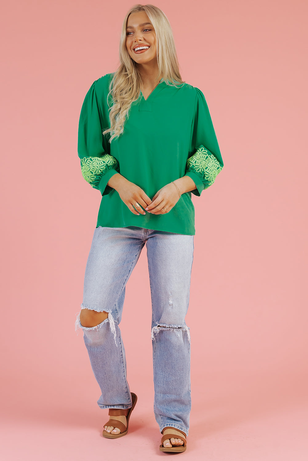 Green Contrast Floral Embroidered 3/4 Sleeve Notched V Neck Elegant Blouse