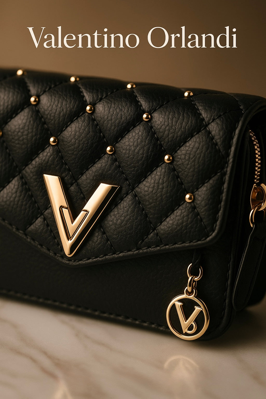 Valentino Orlandi Quilted Black Crossbody Bag – Gold Stud Detail