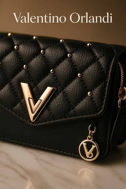 Valentino Orlandi Quilted Black Crossbody Bag – Gold Stud Detail