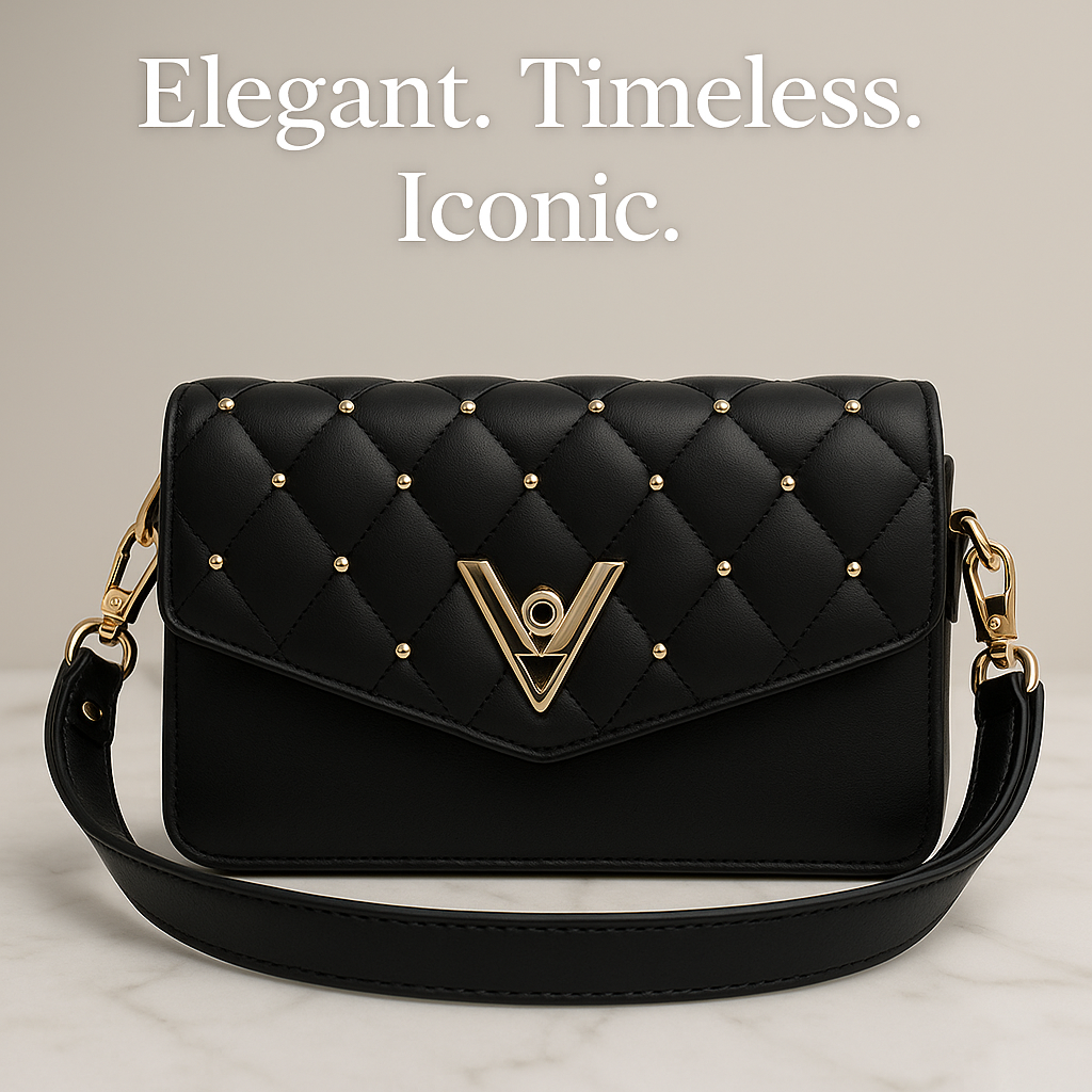 Valentino Orlandi Quilted Black Crossbody Bag – Gold Stud Detail