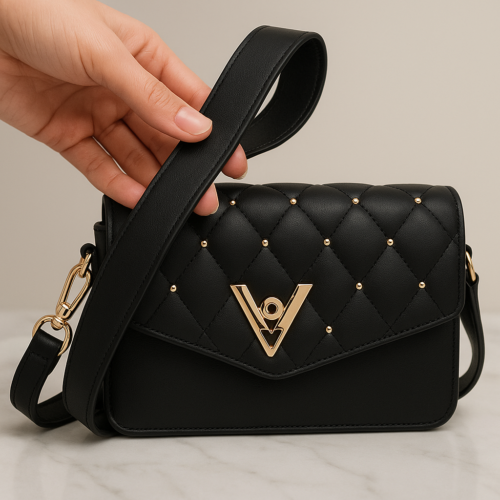 Valentino Orlandi Quilted Black Crossbody Bag – Gold Stud Detail