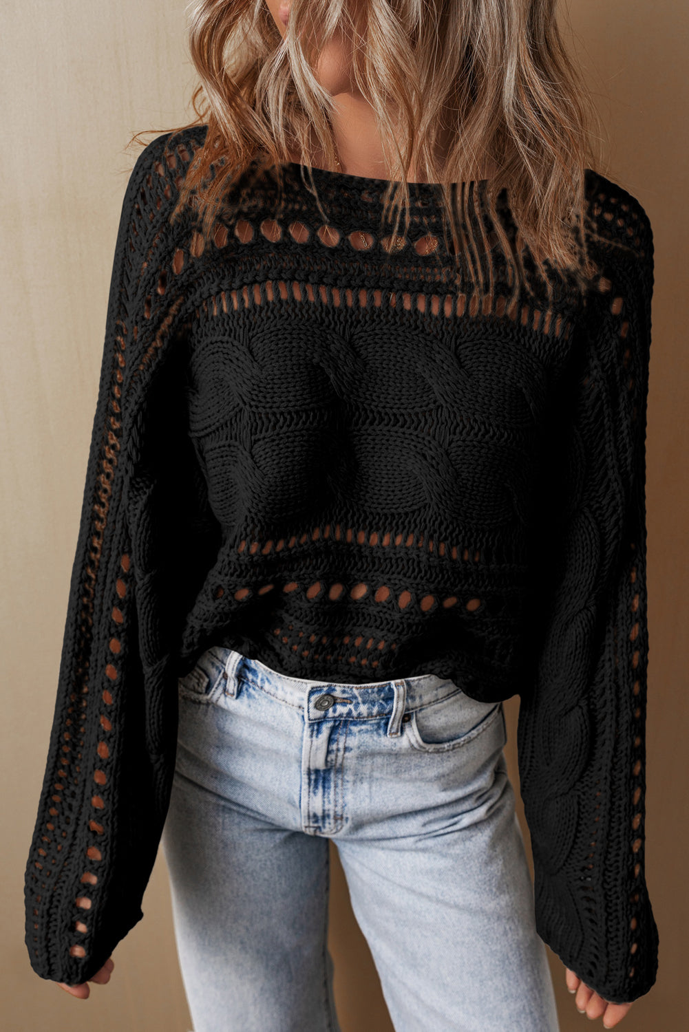 Smoke Gray Hollow-out Cable Knit Cropped Sweater