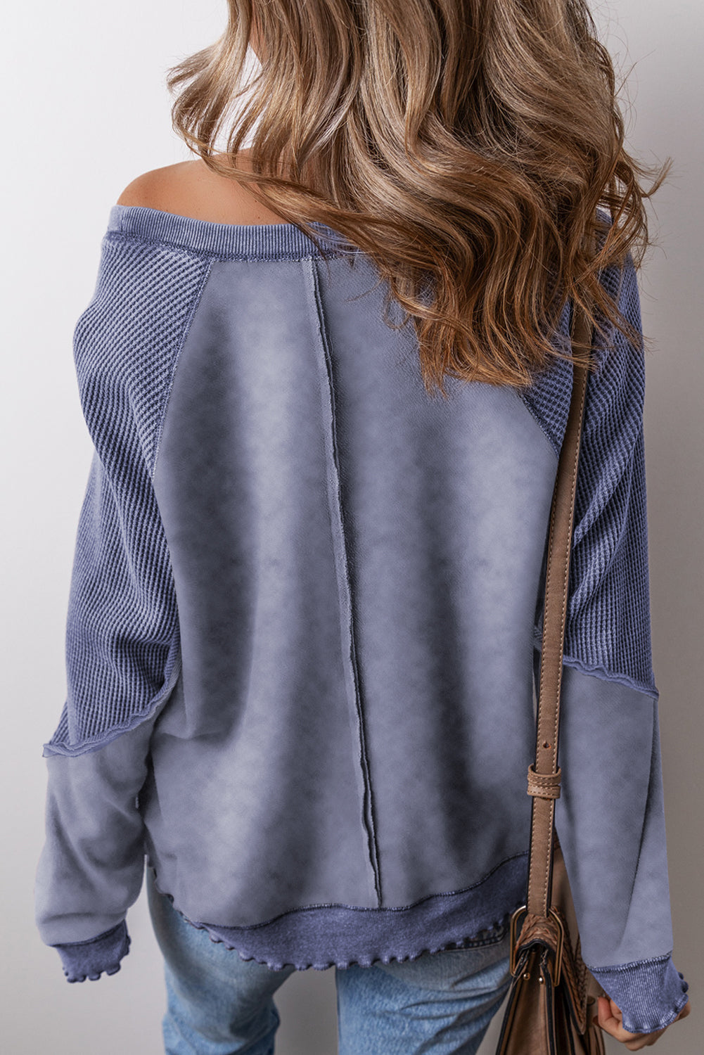 Mineral Blue Solid Waffle Knit Patchwork Raglan Sleeve Sweatshirt