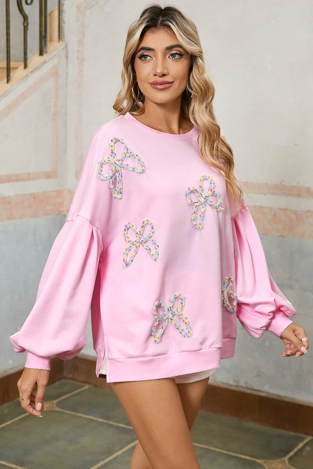 Sweet Bow Lantern Sleeve Oversized Pullover Sweatshirt