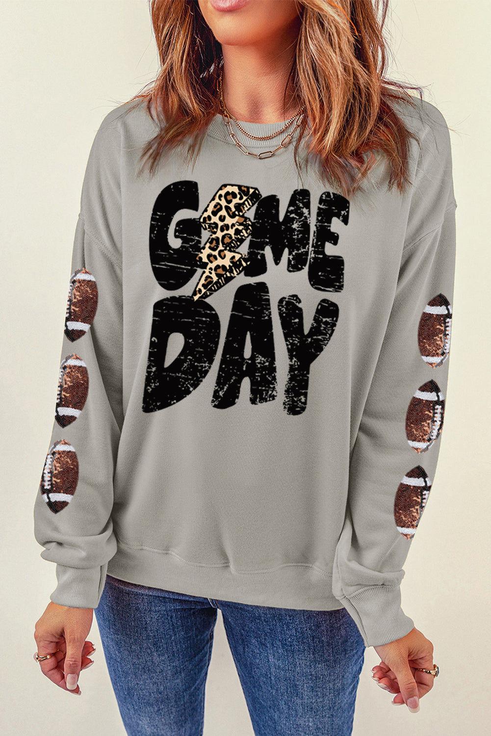 Gray GAME DAY Sequin Rugby Graohic Drop Shoulder Sweatshirt