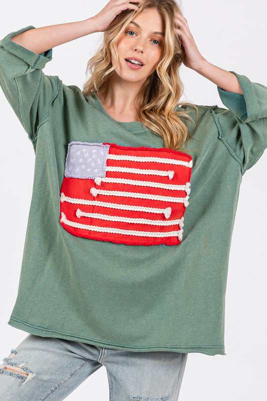 SAGE + FIG Full Size American Flag Patch Drop Shoulder T-Shirt