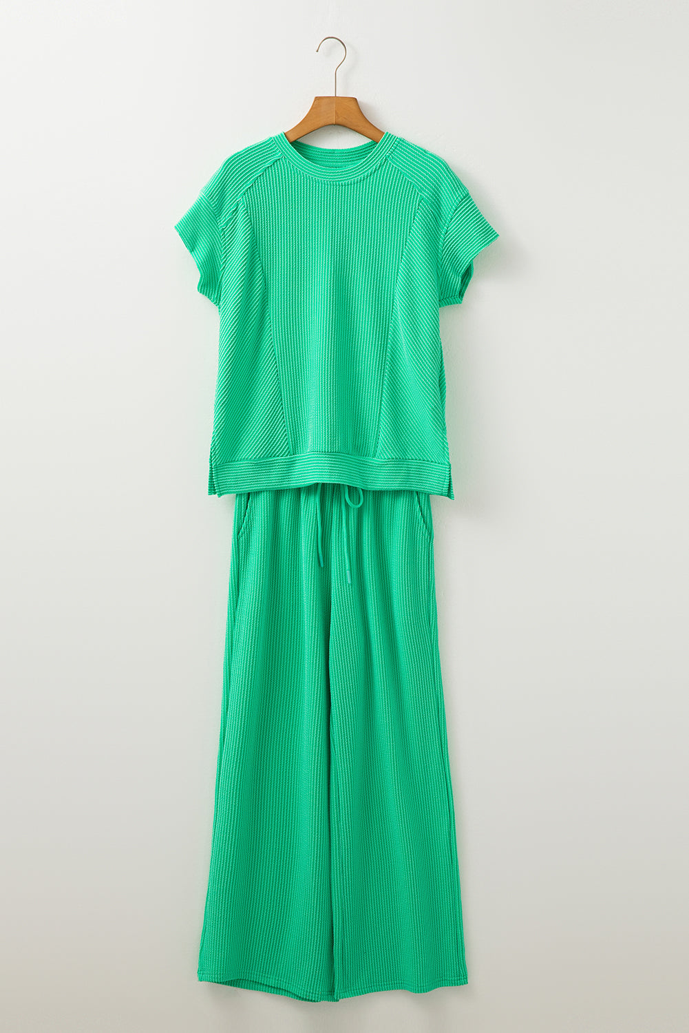 Bright Green Solid Corded Knit Short Sleeve T Shirt and Wide Leg Pants Set