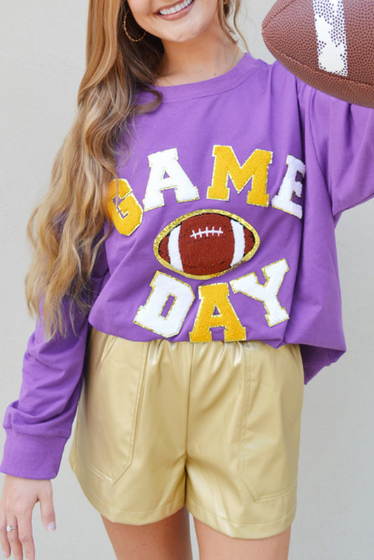 Tillandsia Purple GAME DAY Football Chenille Embroidered Pullover Sweatshirt