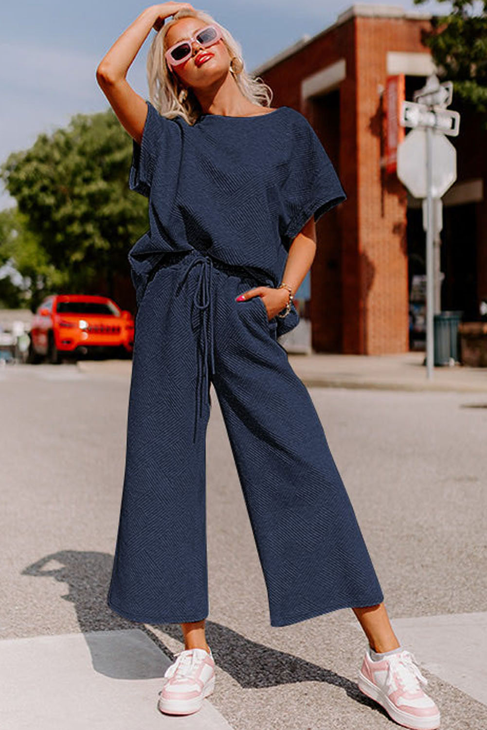 Dark Green Textured Loose Fit T Shirt and Drawstring Pants Set