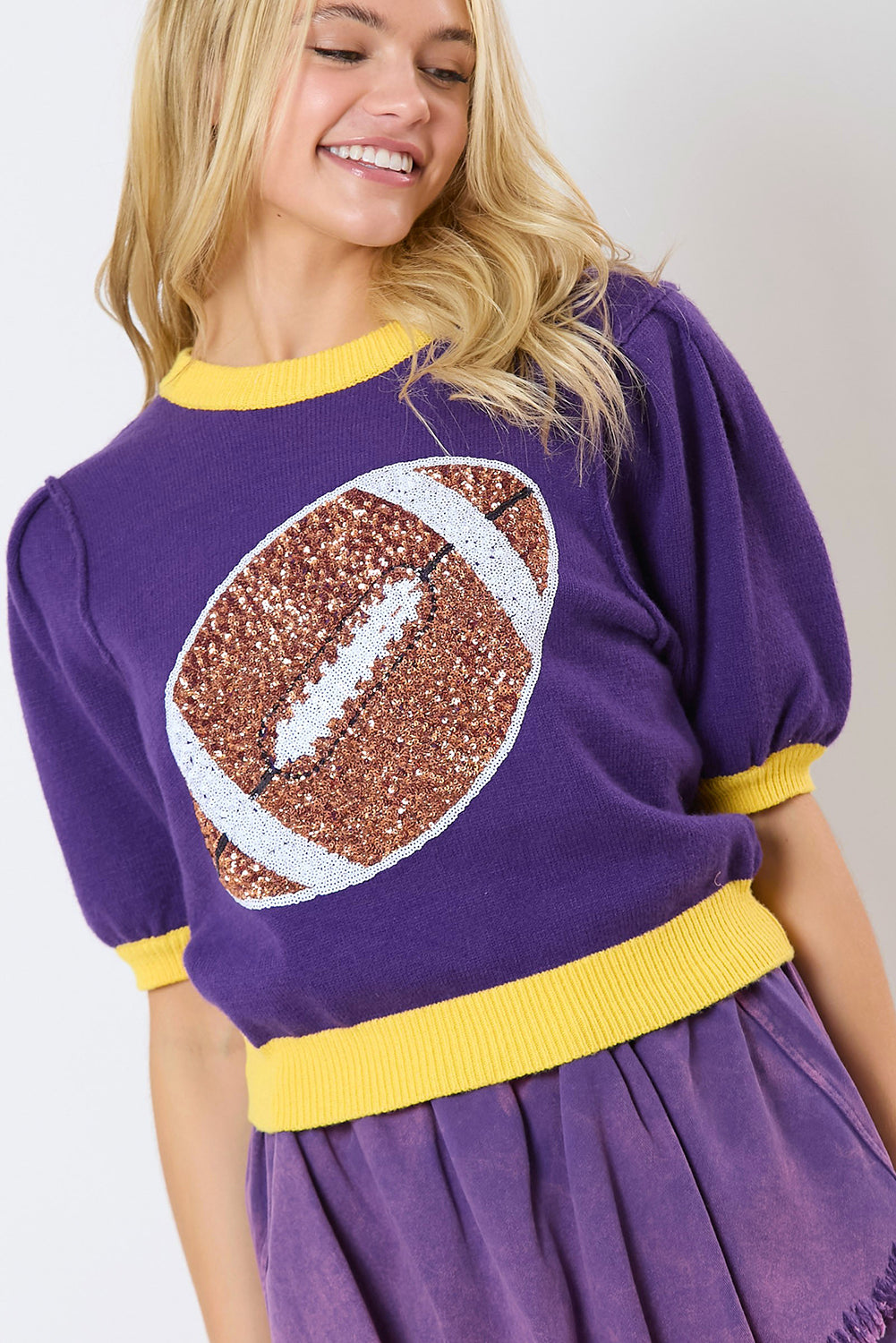 Red / Black, Purple / Gold or Pink / White Sequin Football Color Block Puff Sleeve Knit Top